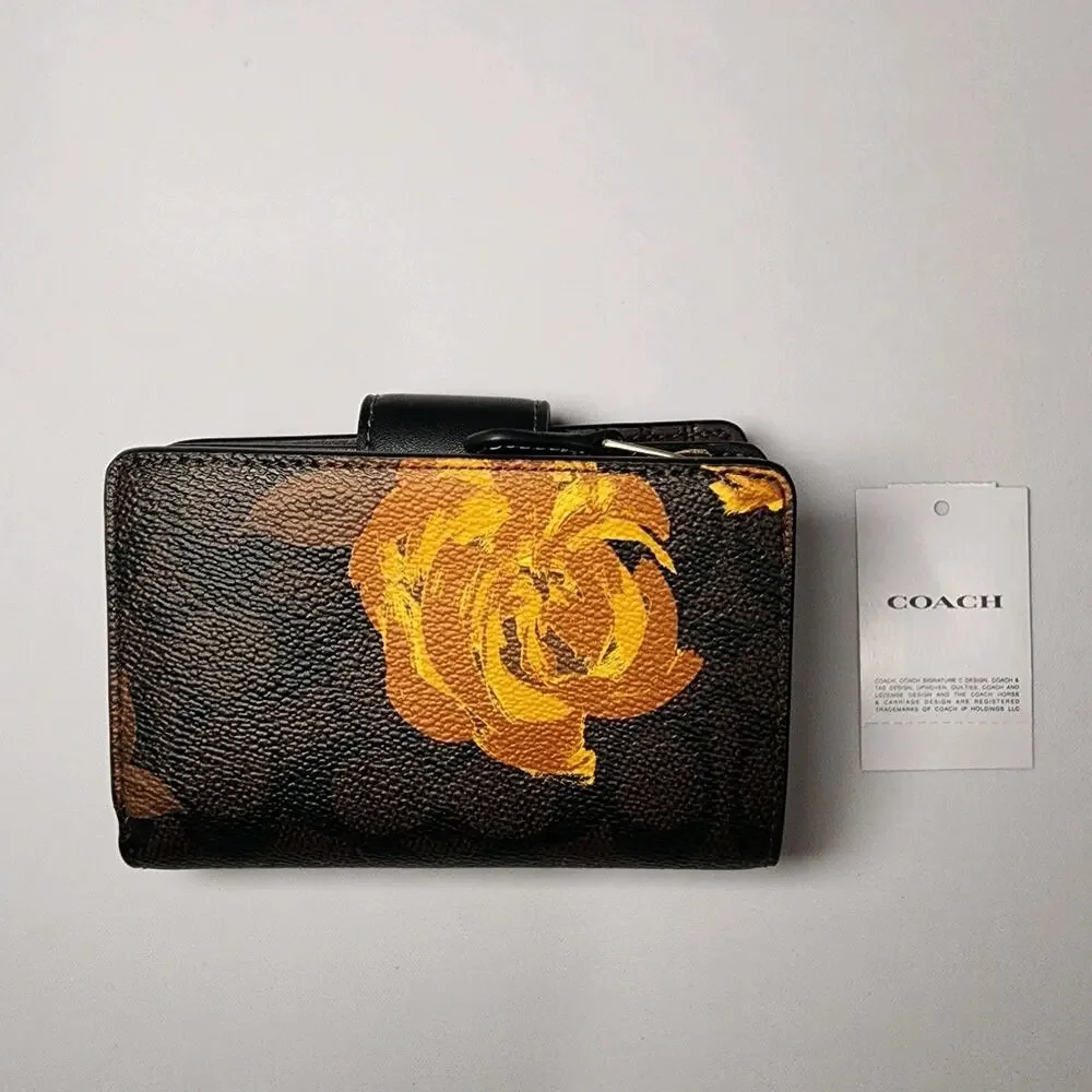 NWT COACH CLL69 Medium Corner Zip Wallet W/Floral Print Black/Gold